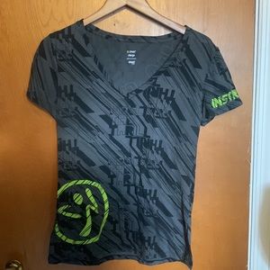 Zumba Thrill Gray V-Neck short sleeve Tee with Instructor on 1 Sleeve XL